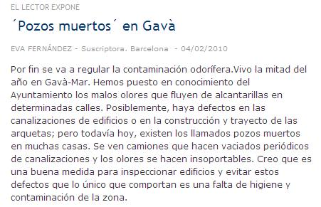 Carta publicada per una vena de Gav Mar al diari La Vanguardia queixant-se de les pudors en determinades zones (4 Febrer 2010)